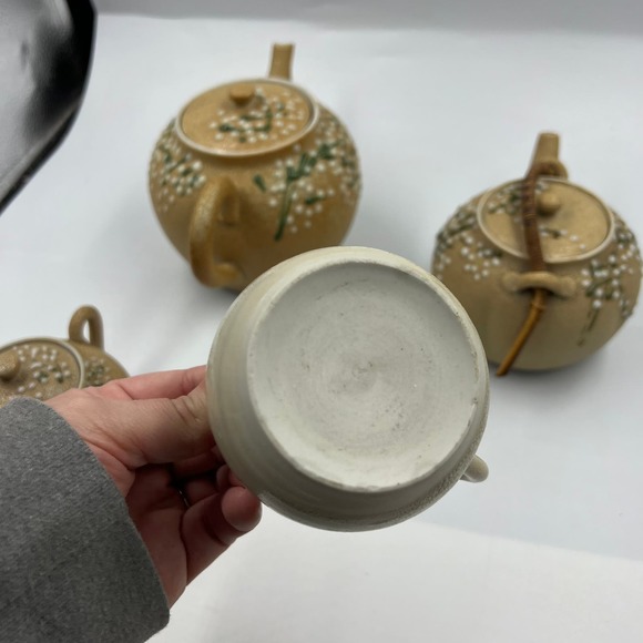 Antique Meiji Period Tea Set 4 Pieces Shark Skin Moriage Porcelain Cream Sugar - Picture 12 of 16